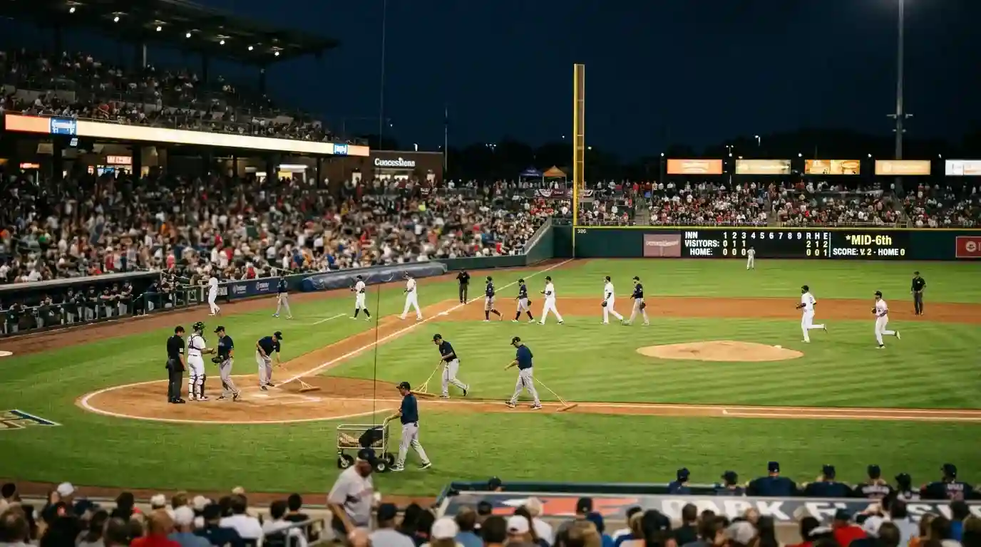 Vista de un campo de béisbol durante la pausa entre entradas, momento ideal para apuestas en vivo de la MLB