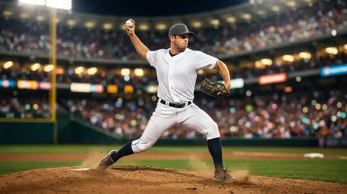Pitcher abridor de la MLB en el montículo preparando un lanzamiento durante un partido nocturno