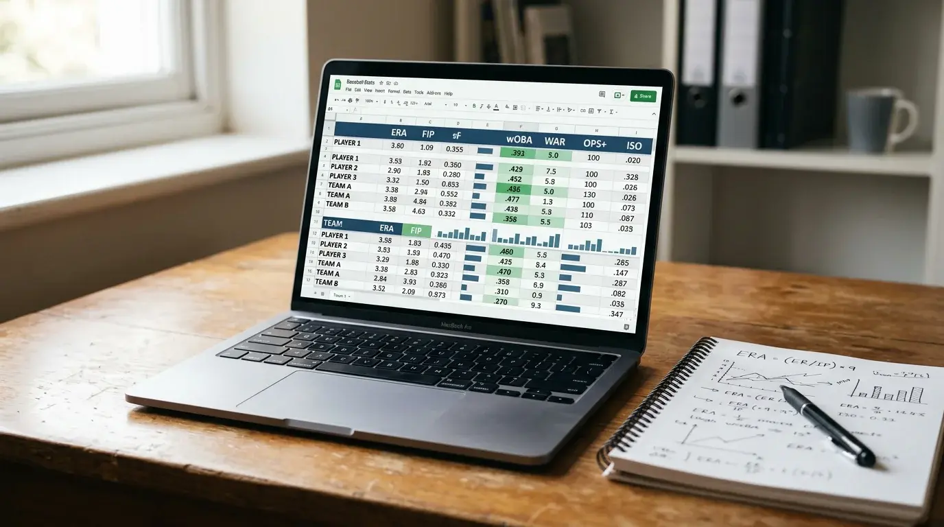 Analista revisando estadísticas avanzadas de sabermetrics de béisbol en una pantalla con datos de FIP y xERA